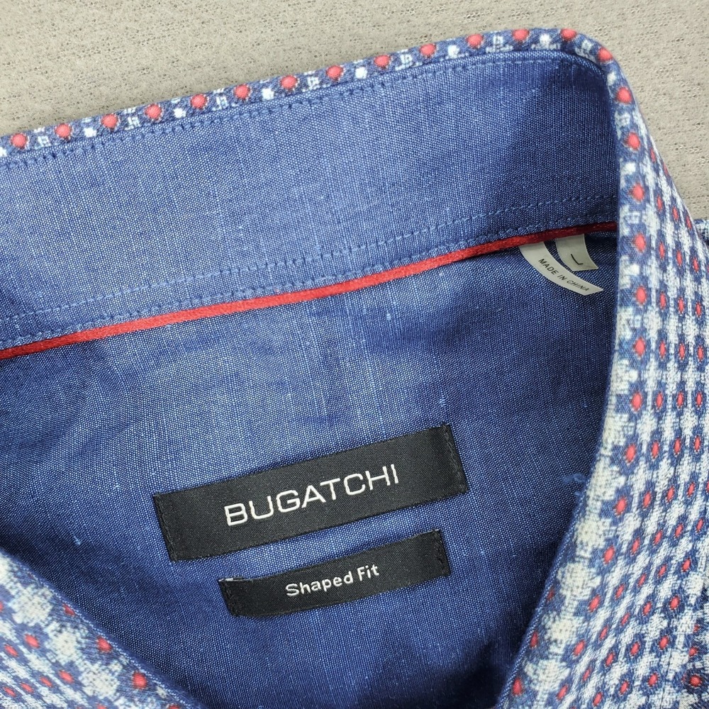Lot 4 Bugatchi Print Plaid Cuff Long‎ Sleeve Button Down Shirt Men L Shaped Fit - Picture 11 of 16